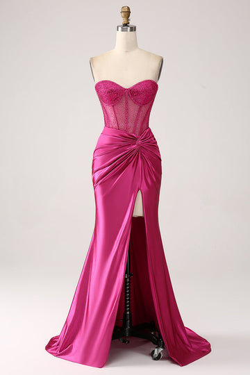 Fucsia Sirena Tesoro Plissettato Corsetto Lungo Abito Da Ballo In Raso Con Fessura